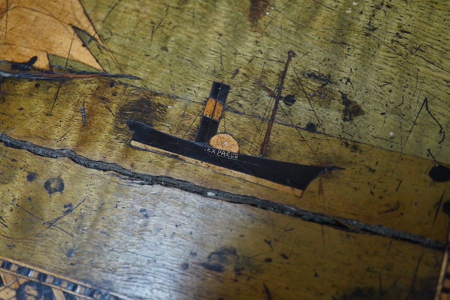 A Victorian writing slope, painted with a panel of a ship in full sail. 39cm wide x 17 cm high. Condition - top cracked